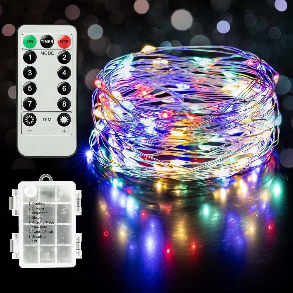 Christmas Fairy Lights Battery Operated, 33ft 100 LED Waterproof Silver Wire Str
